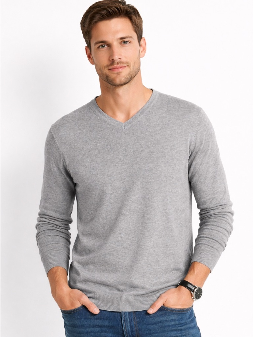 Zara Man Basic Grey‎ V-Neck Slim Fit Viscose Blend Knit Sweater Size S